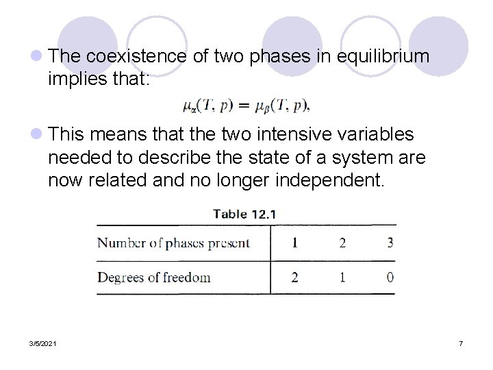 l The coexistence of two phases in equilibrium implies that: l This means that