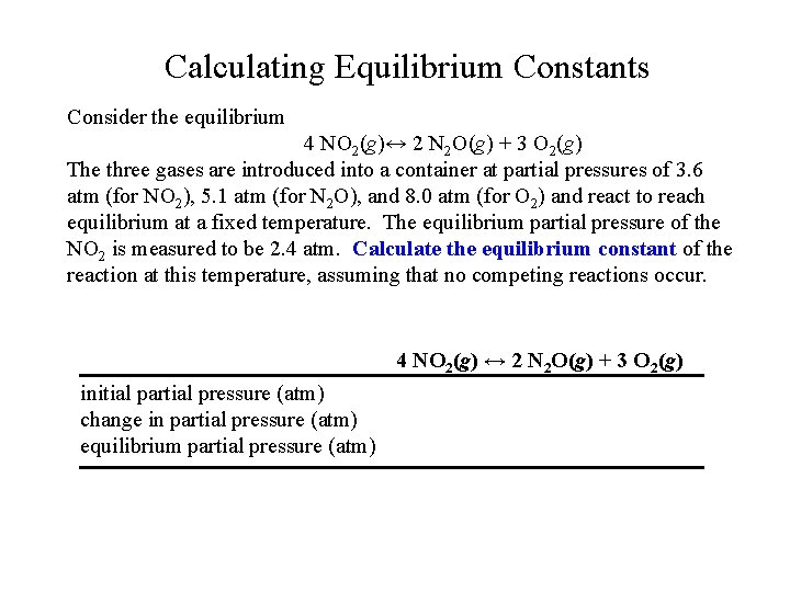 Calculating Equilibrium Constants Consider the equilibrium 4 NO 2(g)↔ 2 N 2 O(g) +