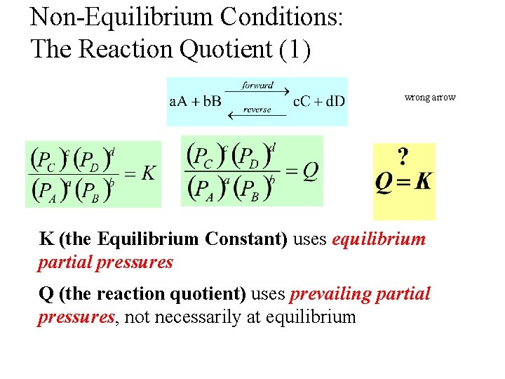 Non-Equilibrium Conditions: The Reaction Quotient (1) wrong arrow K (the Equilibrium Constant) uses equilibrium