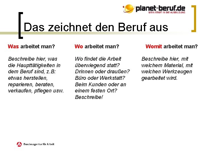 Das zeichnet den Beruf aus Was arbeitet man? Wo arbeitet man? Beschreibe hier, was