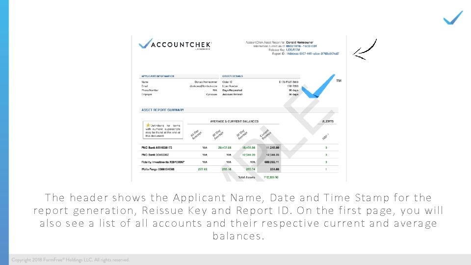 The header shows the Applicant Name, Date and Time Stamp for the report generation,