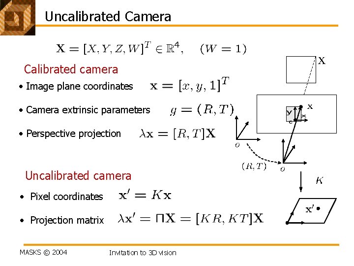 Uncalibrated Camera Calibrated camera • Image plane coordinates • Camera extrinsic parameters • Perspective