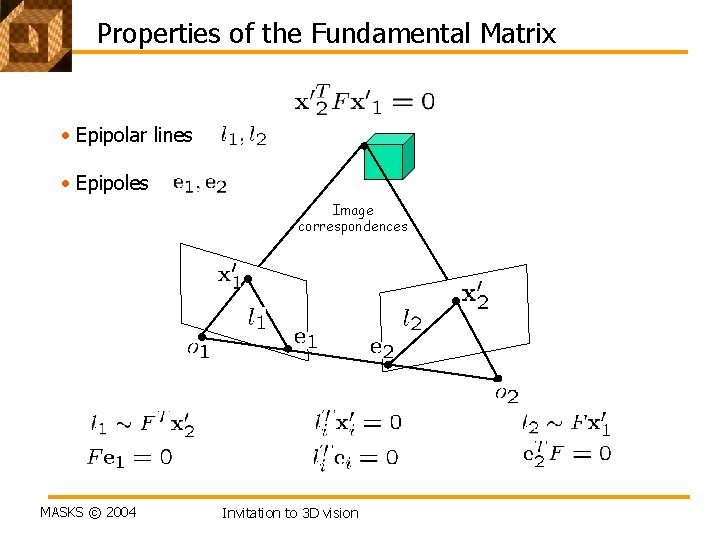 Properties of the Fundamental Matrix • Epipolar lines • Epipoles Image correspondences MASKS ©