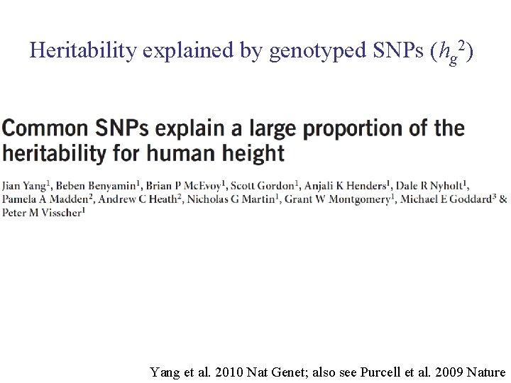 Heritability explained by genotyped SNPs (hg 2) Yang et al. 2010 Nat Genet; also