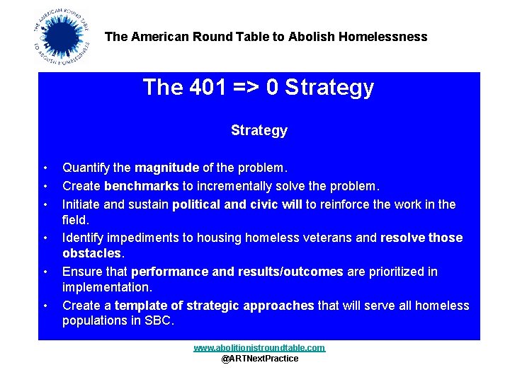 The American Round Table to Abolish Homelessness The 401 => 0 Strategy • •