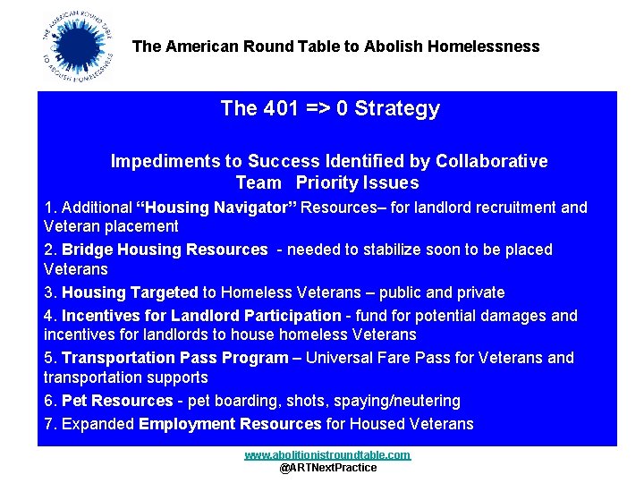 The American Round Table to Abolish Homelessness The 401 => 0 Strategy Impediments to