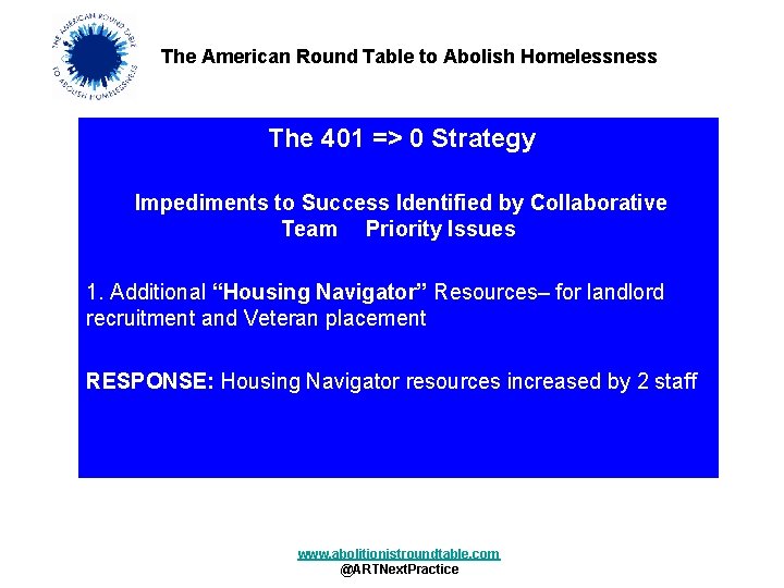 The American Round Table to Abolish Homelessness The 401 => 0 Strategy Impediments to