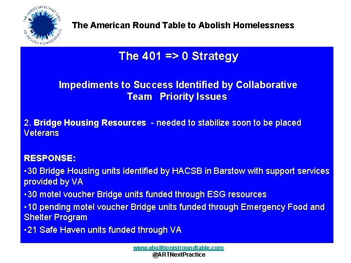 The American Round Table to Abolish Homelessness The 401 => 0 Strategy Impediments to