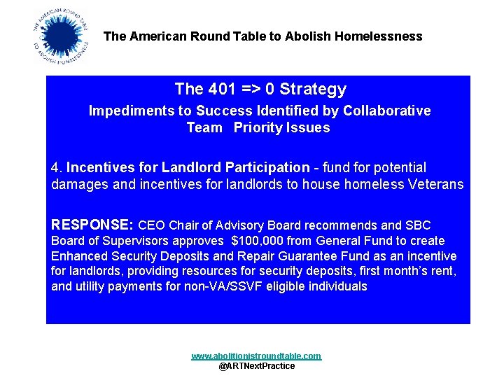 The American Round Table to Abolish Homelessness The 401 => 0 Strategy Impediments to