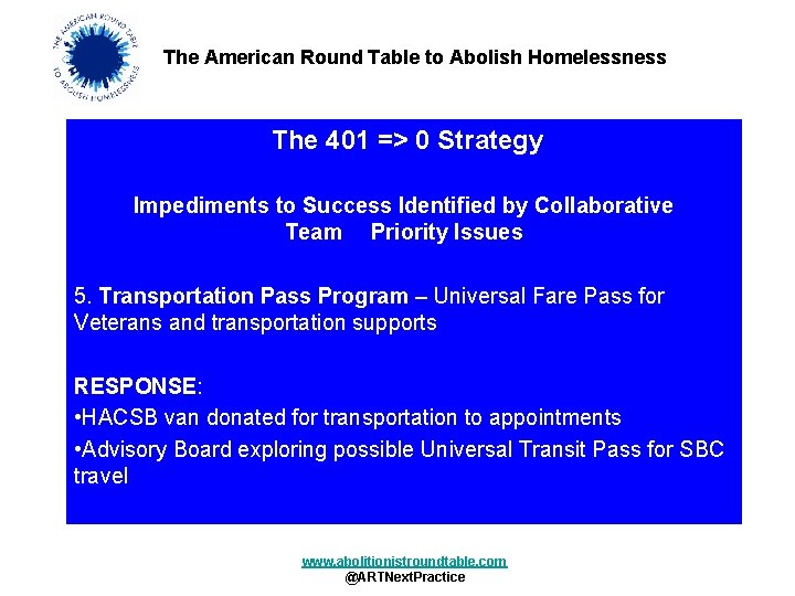 The American Round Table to Abolish Homelessness The 401 => 0 Strategy Impediments to