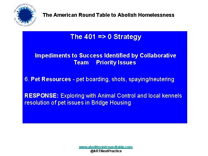 The American Round Table to Abolish Homelessness The 401 => 0 Strategy Impediments to