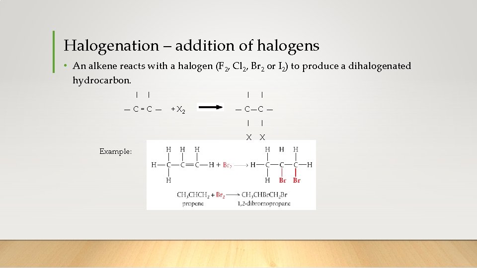 Halogenation – addition of halogens • An alkene reacts with a halogen (F 2,