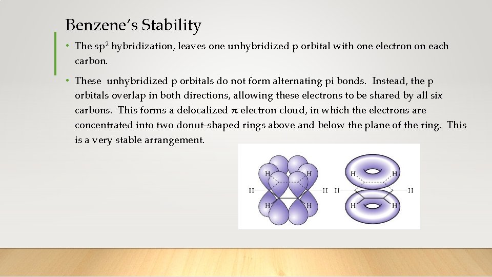 Benzene’s Stability • The sp 2 hybridization, leaves one unhybridized p orbital with one
