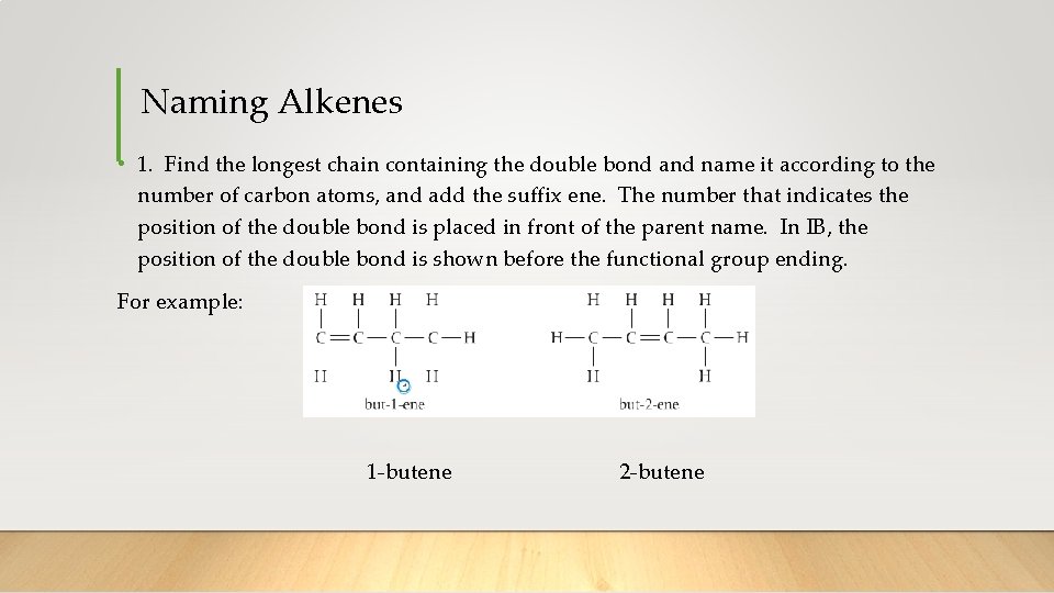 Naming Alkenes • 1. Find the longest chain containing the double bond and name
