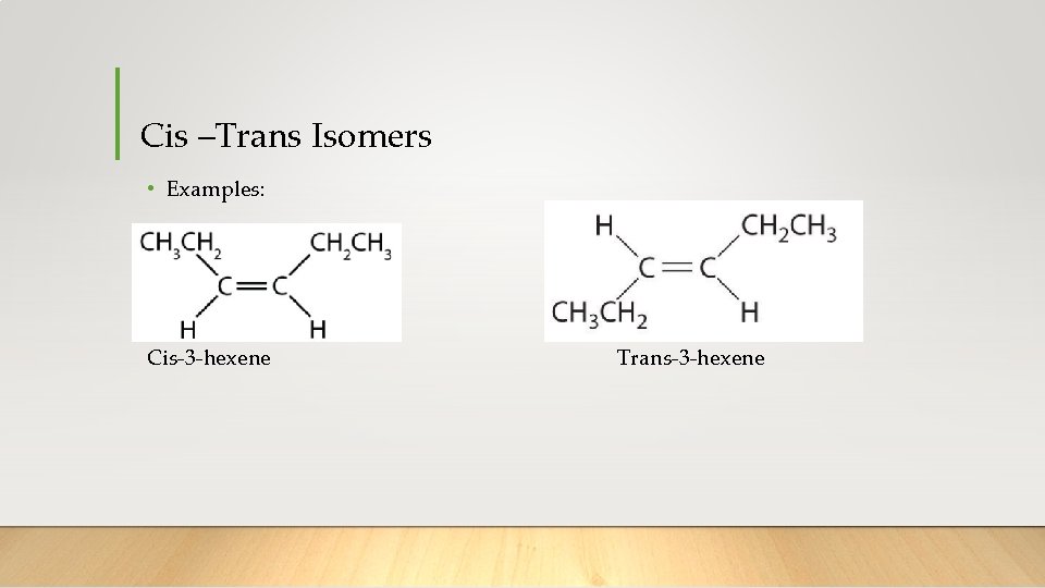 Cis –Trans Isomers • Examples: Cis-3 -hexene Trans-3 -hexene 