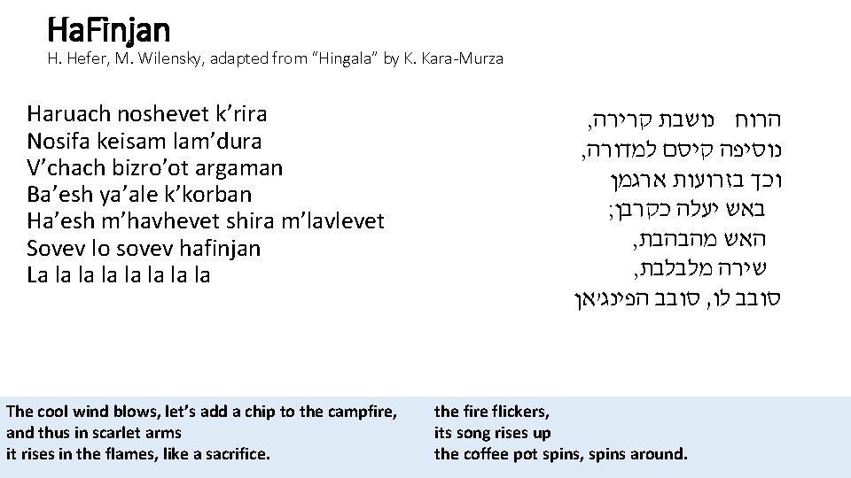 Ha. Finjan H. Hefer, M. Wilensky, adapted from “Hingala” by K. Kara-Murza Haruach noshevet