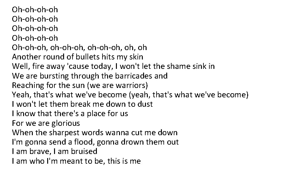 Oh-oh-oh-oh Oh-oh-oh, oh-oh-oh, oh Another round of bullets hits my skin Well, fire away