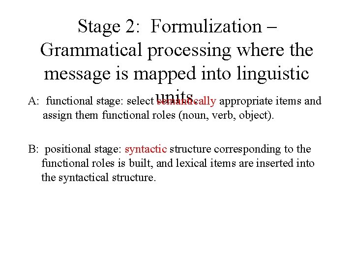 Stage 2: Formulization – Grammatical processing where the message is mapped into linguistic units.