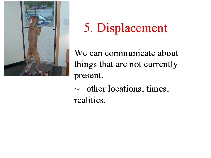 5. Displacement We can communicate about things that are not currently present. ~ other