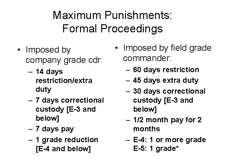 Maximum Punishments: Formal Proceedings • Imposed by company grade cdr: – 14 days restriction/extra