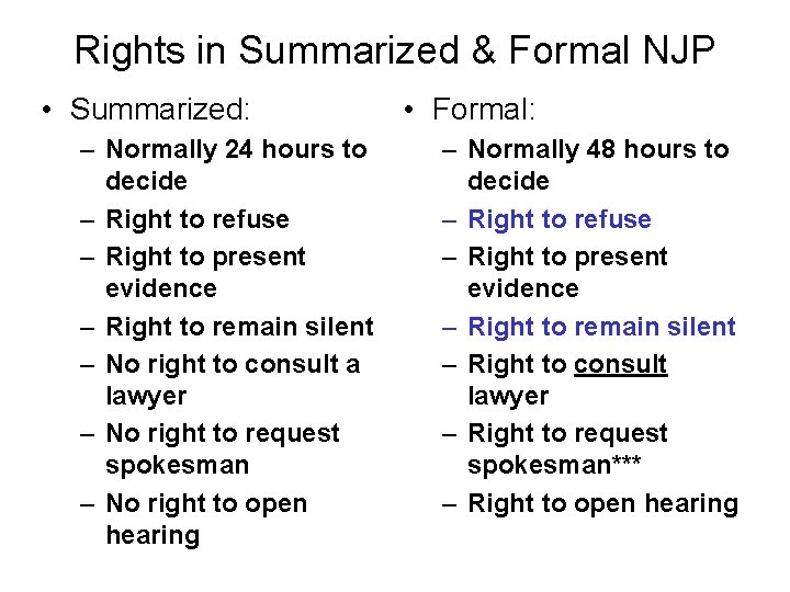 Rights in Summarized & Formal NJP • Summarized: – Normally 24 hours to decide