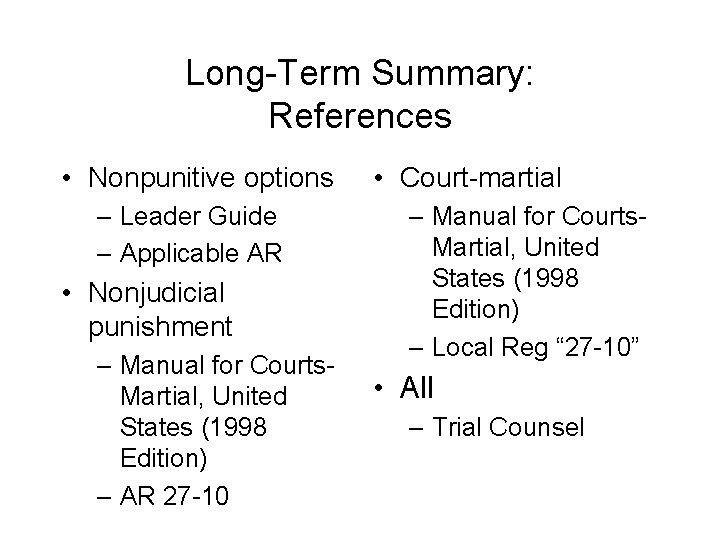 Long-Term Summary: References • Nonpunitive options – Leader Guide – Applicable AR • Nonjudicial