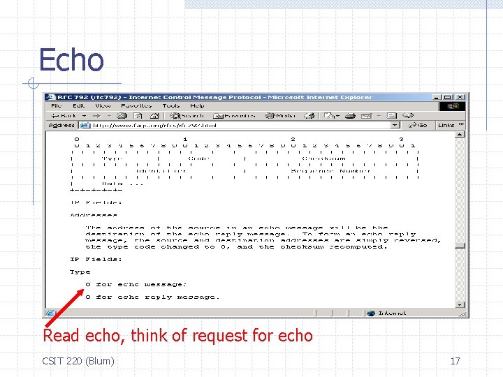 Echo Read echo, think of request for echo CSIT 220 (Blum) 17 