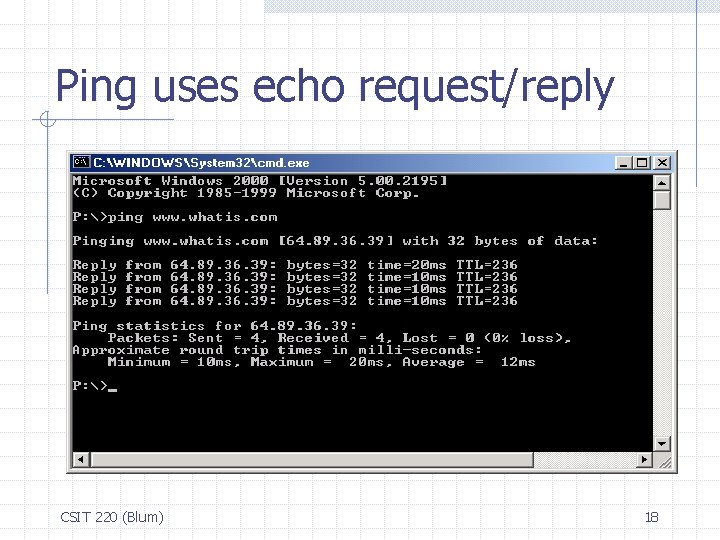 Ping uses echo request/reply CSIT 220 (Blum) 18 