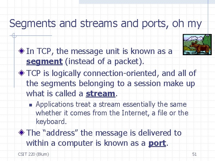Segments and streams and ports, oh my In TCP, the message unit is known