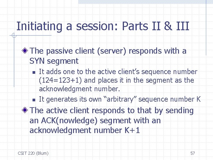 Initiating a session: Parts II & III The passive client (server) responds with a