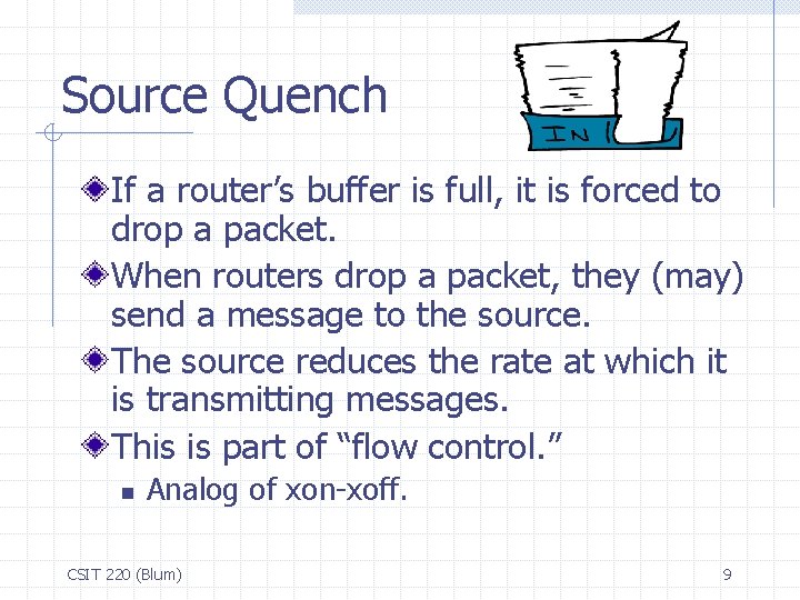 Source Quench If a router’s buffer is full, it is forced to drop a