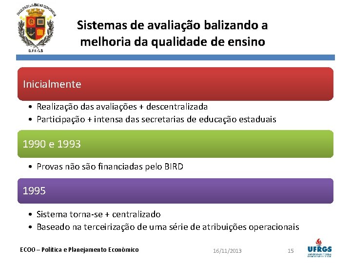 Sistemas de avaliação balizando a melhoria da qualidade de ensino Inicialmente • Realização das