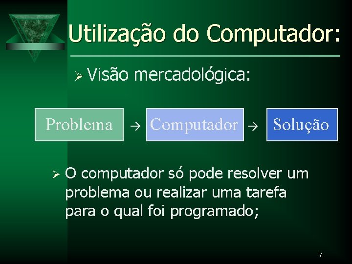 Utilização do Computador: Ø Visão Problema Ø mercadológica: Computador Solução O computador só pode