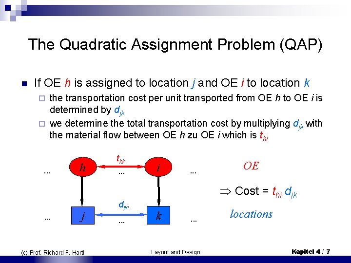 The Quadratic Assignment Problem (QAP) n If OE h is assigned to location j The Quadratic Assignment Problem (QAP) n If OE h is assigned to location j