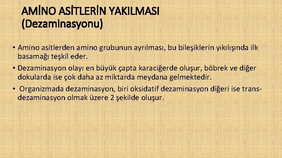 AMİNO ASİTLERİN YAKILMASI (Dezaminasyonu) • Amino asitlerden amino grubunun ayrılması, bu bileşiklerin yıkılışında ilk