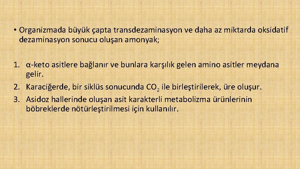  • Organizmada büyük çapta transdezaminasyon ve daha az miktarda oksidatif dezaminasyon sonucu oluşan