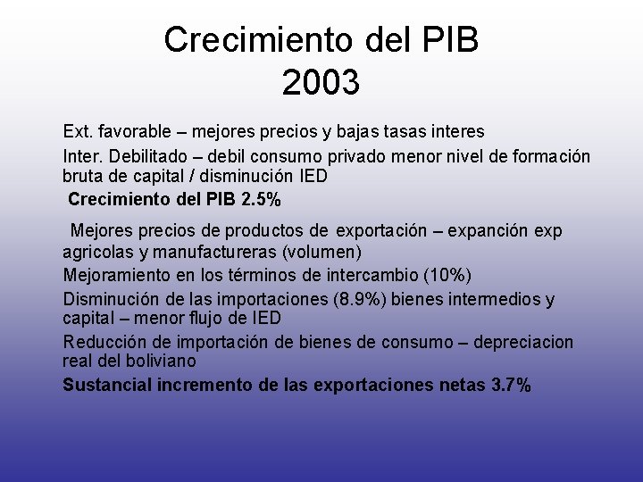 Crecimiento del PIB 2003 Ext. favorable – mejores precios y bajas tasas interes Inter.