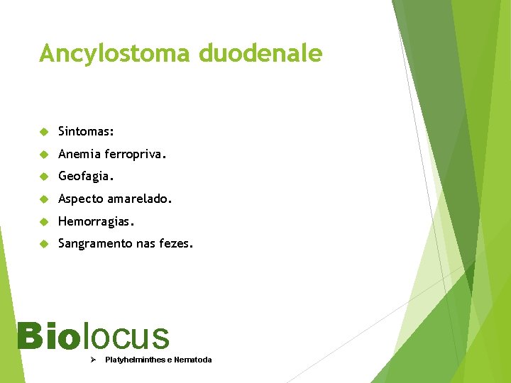 Ancylostoma duodenale Sintomas: Anemia ferropriva. Geofagia. Aspecto amarelado. Hemorragias. Sangramento nas fezes. Biolocus Ø