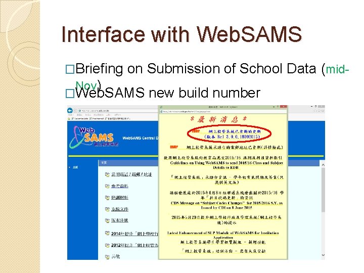 Interface with Web. SAMS �Briefing on Submission of School Nov) �Web. SAMS new build