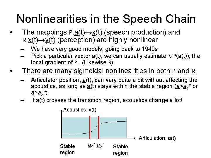 Nonlinearities in the Speech Chain • The mappings P: a(t)→x(t) (speech production) and R: