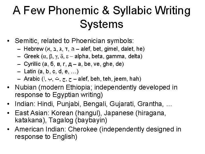 A Few Phonemic & Syllabic Writing Systems • Semitic, related to Phoenician symbols: –