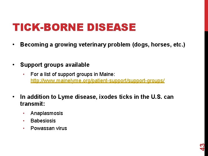 TICK-BORNE DISEASE • Becoming a growing veterinary problem (dogs, horses, etc. ) • Support