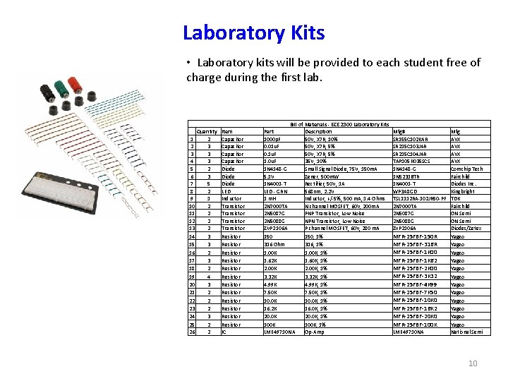 Laboratory Kits • Laboratory kits will be provided to each student free of charge