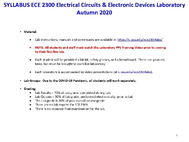 SYLLABUS ECE 2300 Electrical Circuits & Electronic Devices Laboratory Autumn 2020 4 