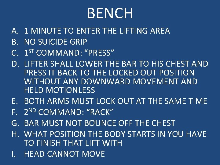 BENCH A. B. C. D. E. F. G. H. I. 1 MINUTE TO ENTER