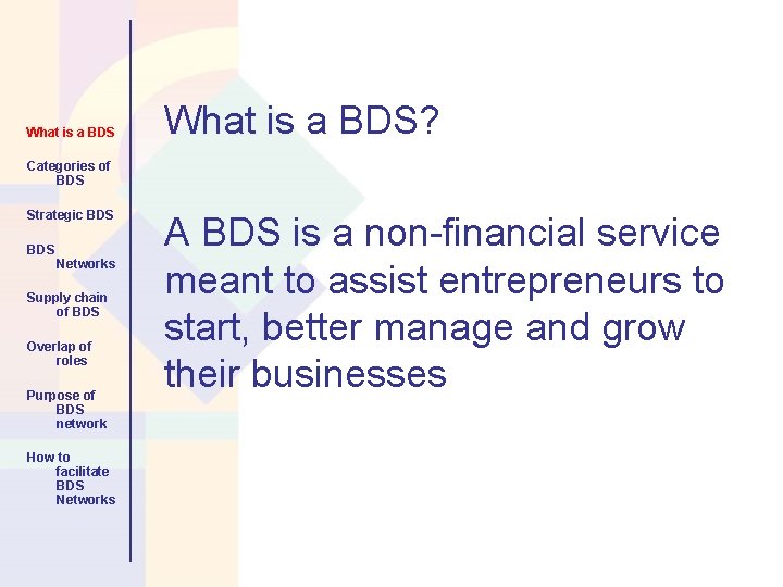 What is a BDS Categories of BDS Strategic BDS Networks Supply chain of BDS