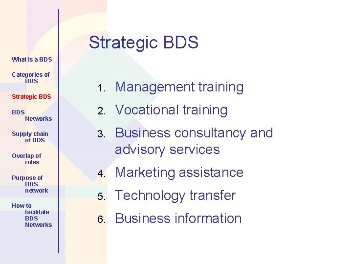 Strategic BDS What is a BDS Categories of BDS Strategic BDS Networks Supply chain