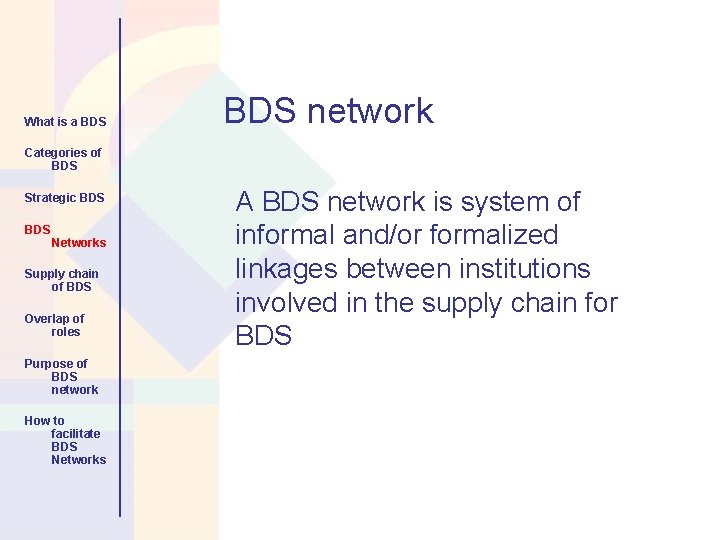 What is a BDS network Categories of BDS Strategic BDS Networks Supply chain of