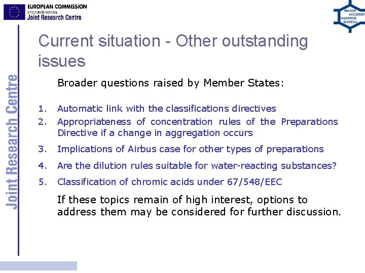 Current situation - Other outstanding issues Broader questions raised by Member States: 1. 2.