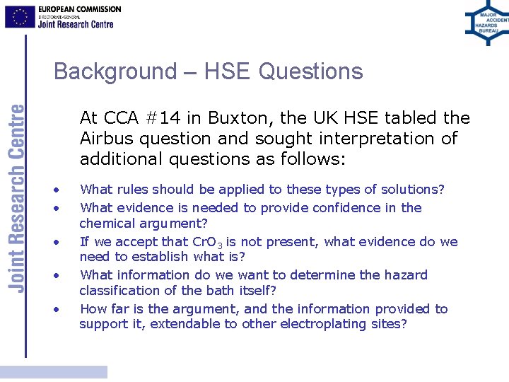 Background – HSE Questions At CCA #14 in Buxton, the UK HSE tabled the